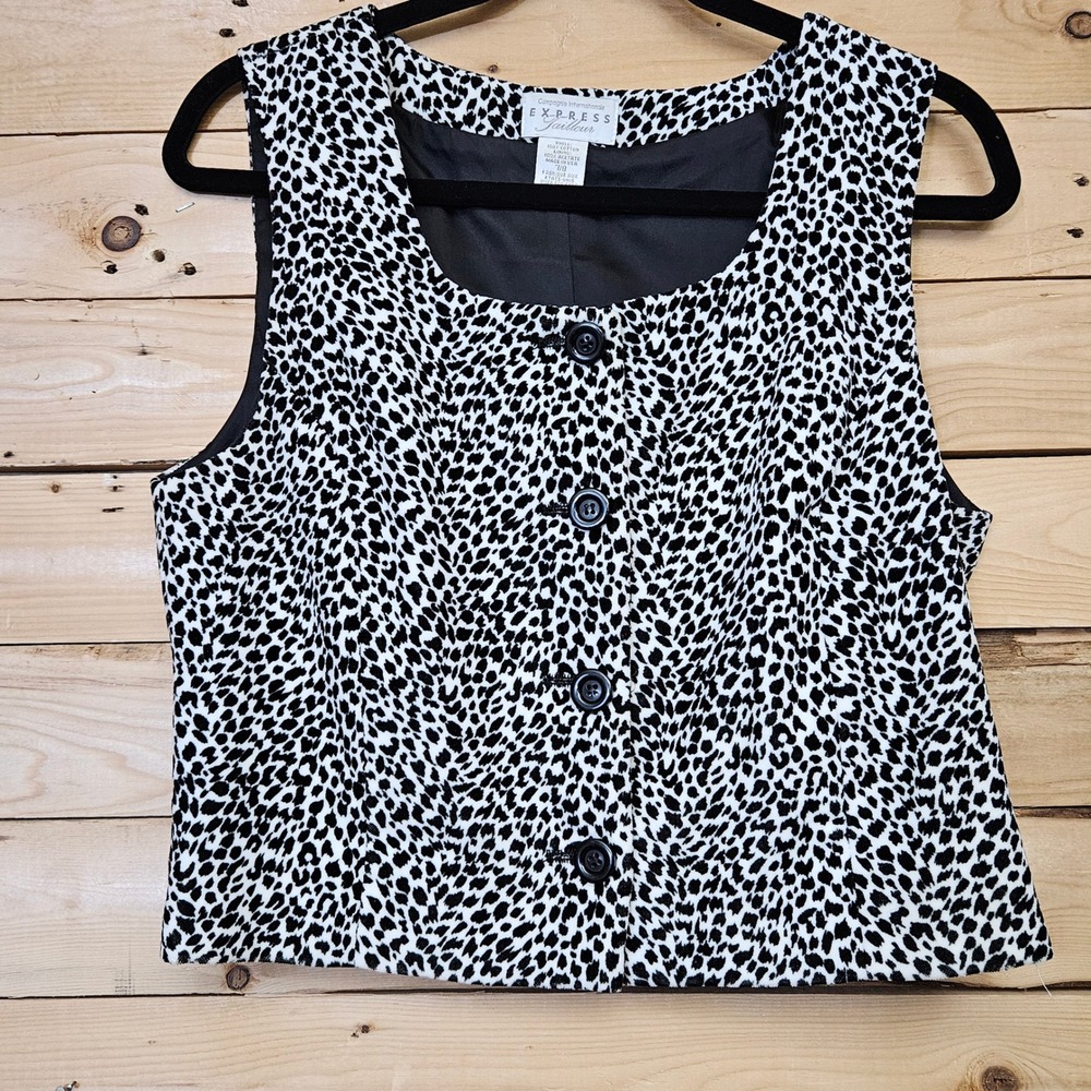 Vintage Express Tailleur Womens Cheetah Print Cotton Vest Black White‎ 90s 7/8
